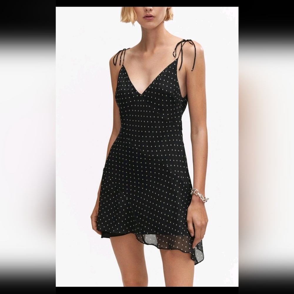 Mango Black Strapless Dress with White Dots